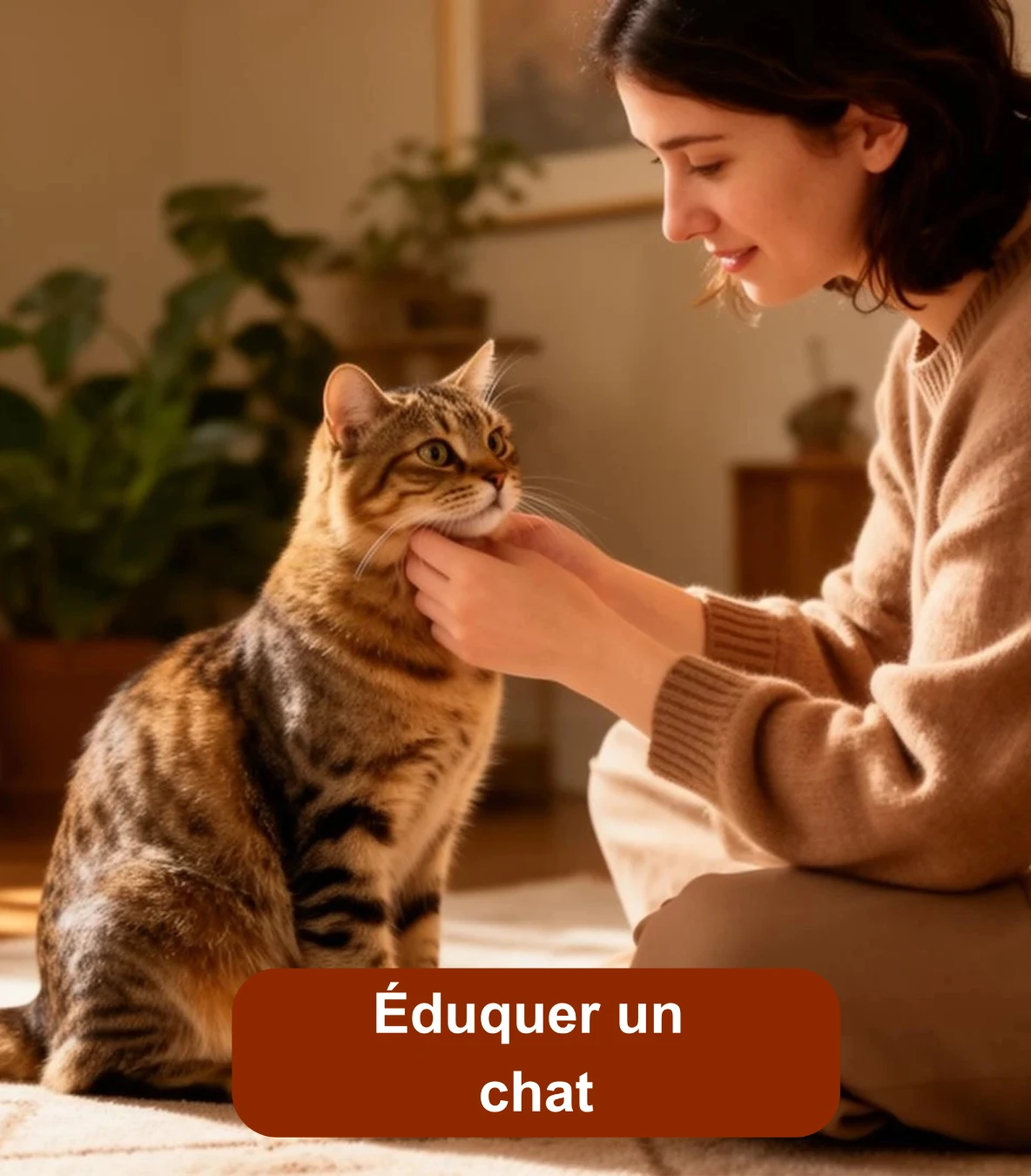Personne éduquant doucement un chat tigré dans un intérieur chaleureux