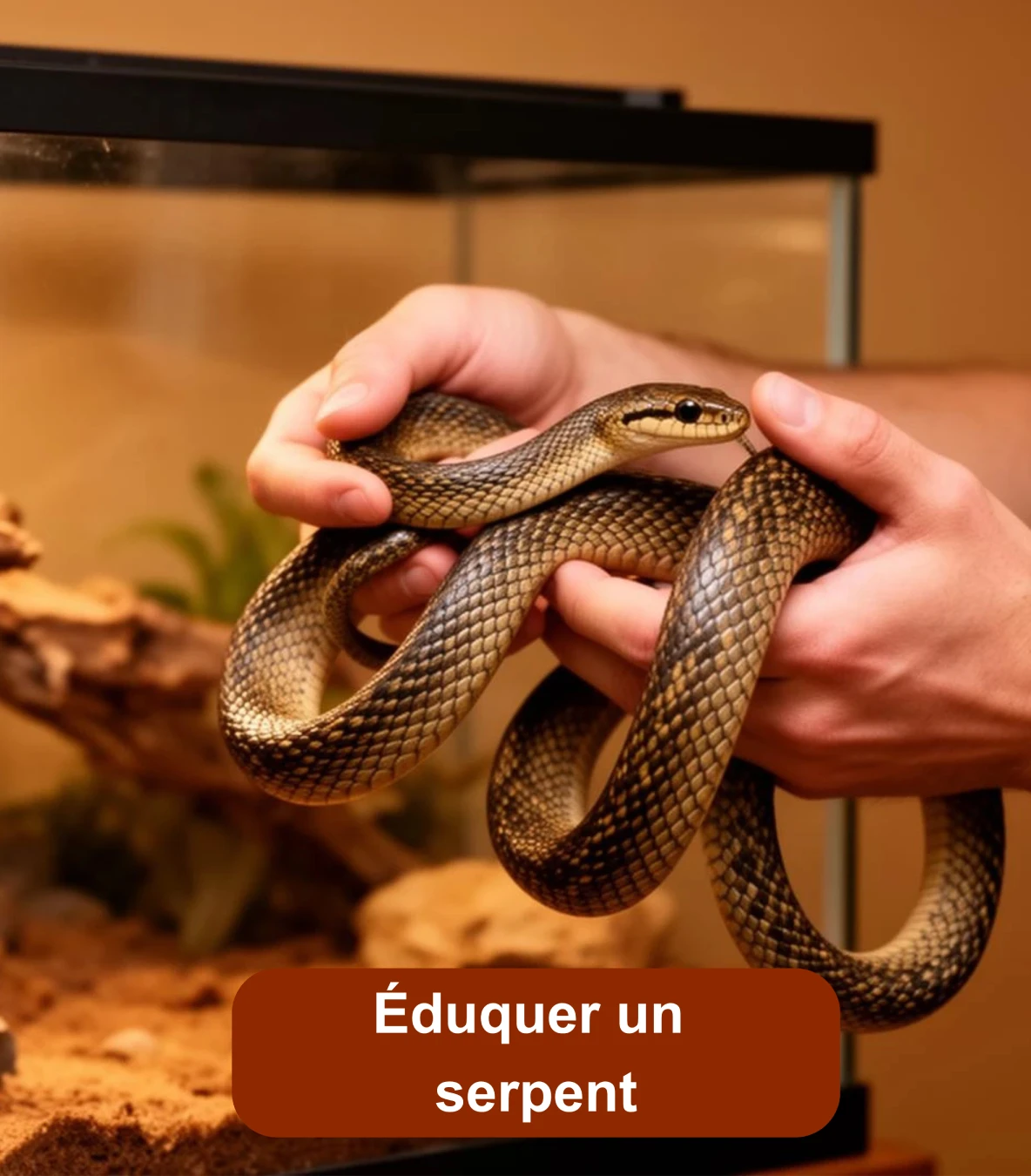Personne manipulant doucement un serpent devant un terrarium