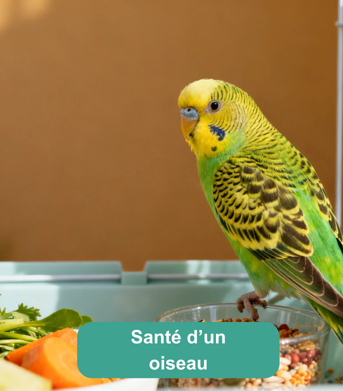 Perruche verte et jaune près de graines et de légumes frais