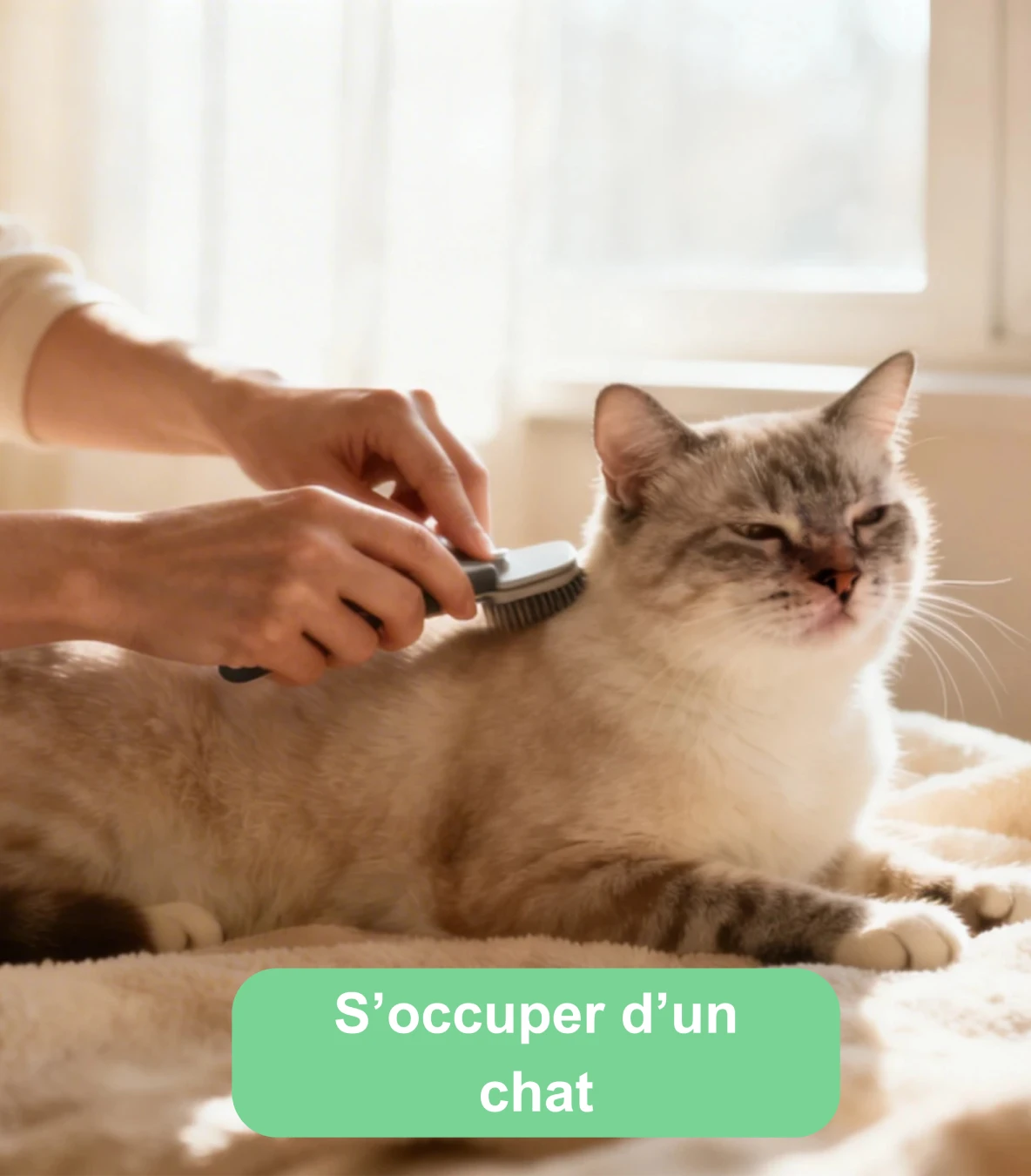 Personne brossant un chat allongé dans un intérieur lumineux