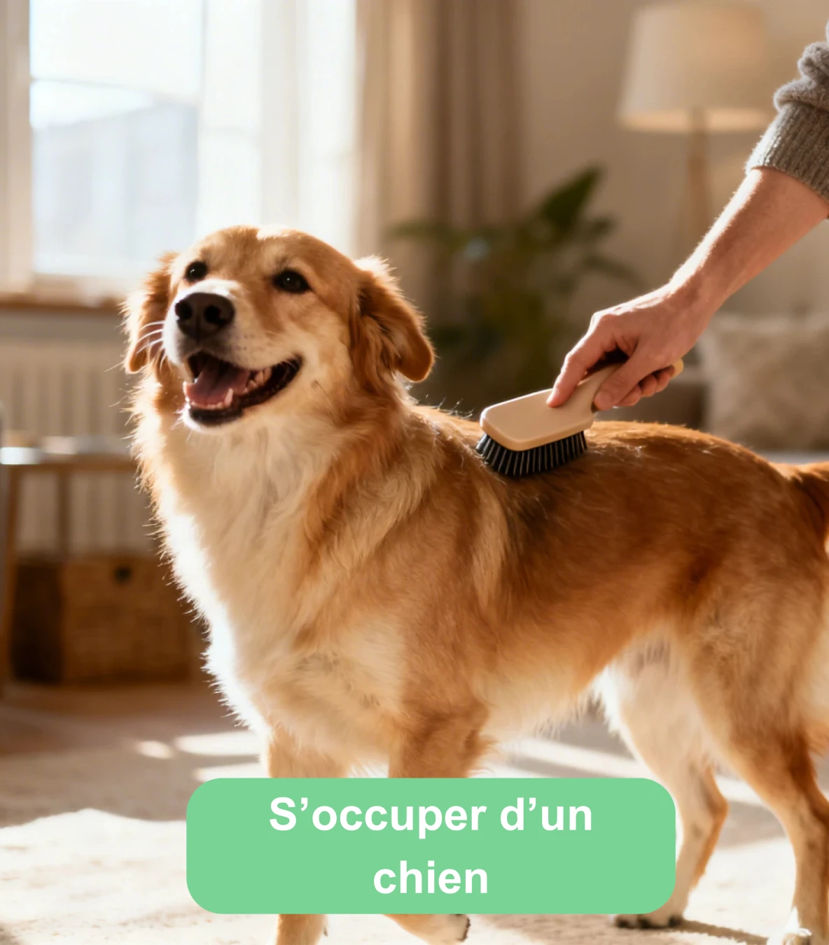 Chien brossé par une personne dans un intérieur lumineux