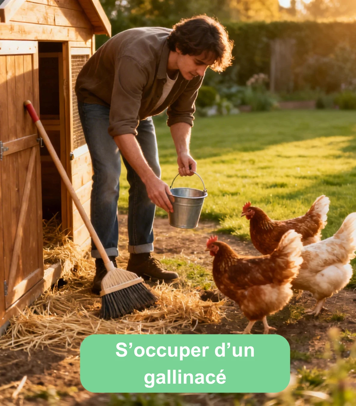 Personne nettoyant un poulailler et nourrissant des poules dans un jardin
