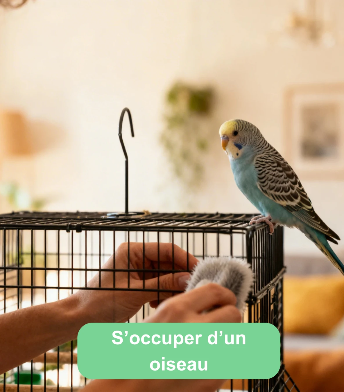 Perruche bleue posée sur une cage pendant son nettoyage