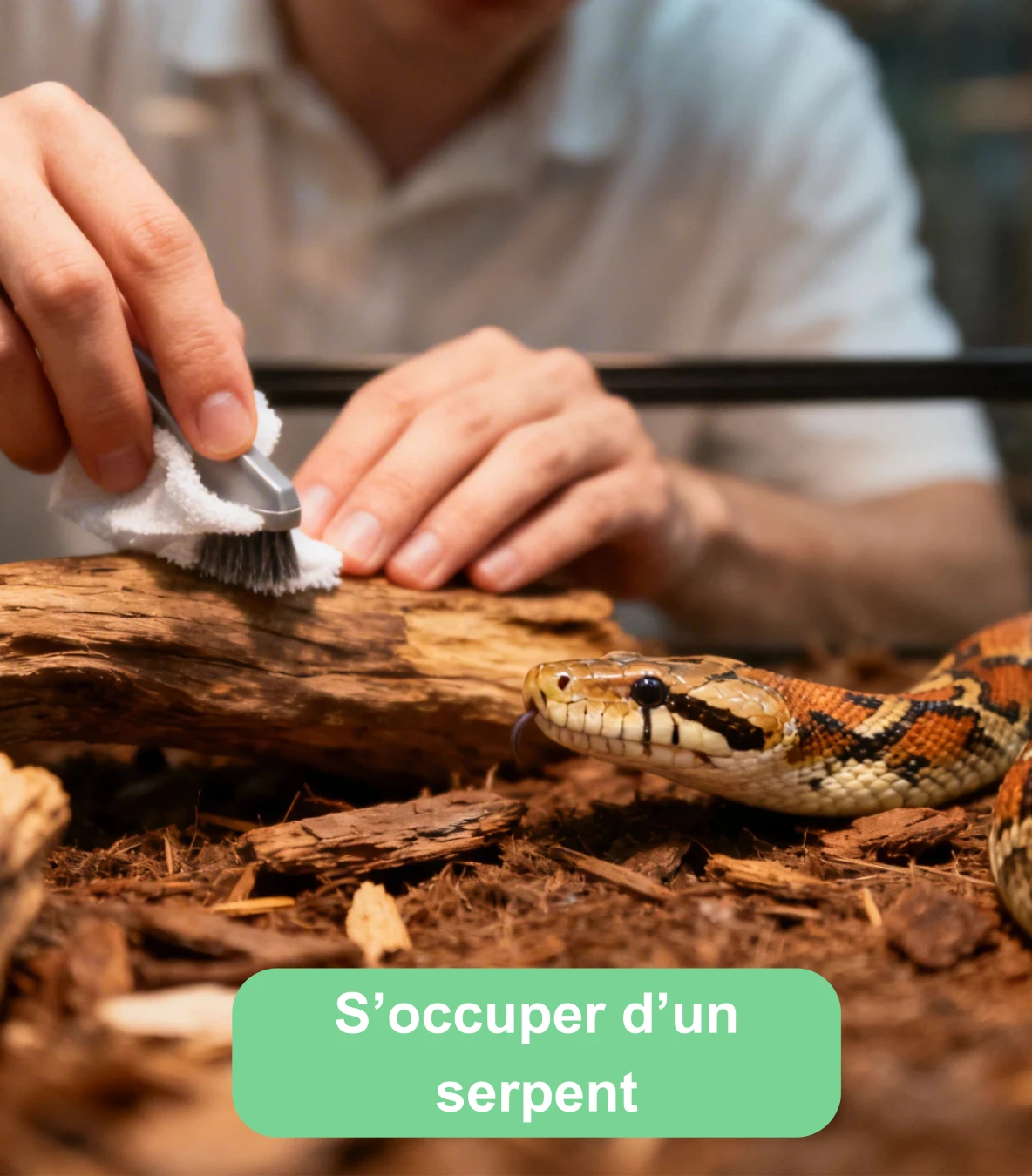 Personne nettoyant le décor d’un terrarium avec un serpent à proximité