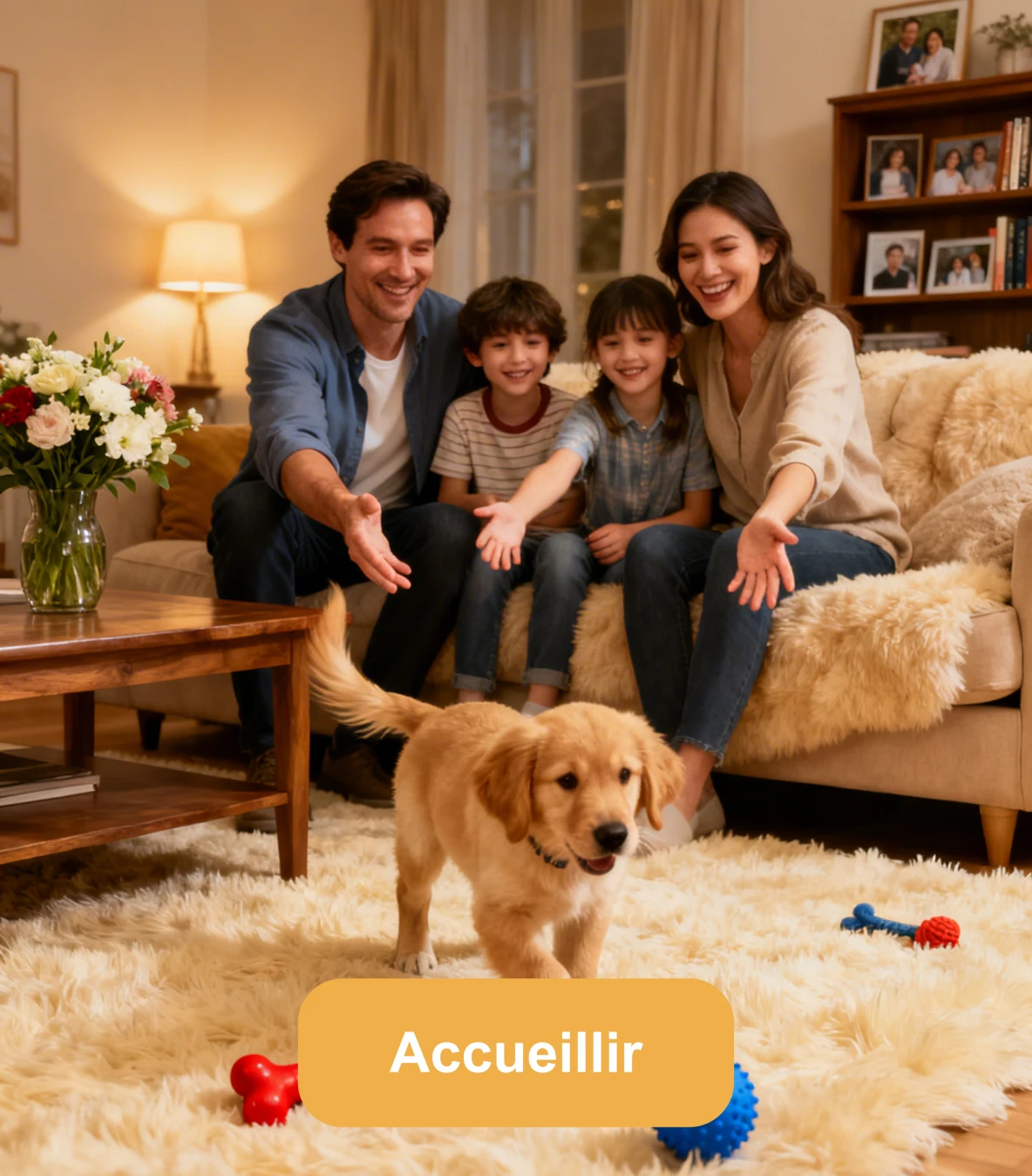 Famille accueillant un chiot dans son foyer