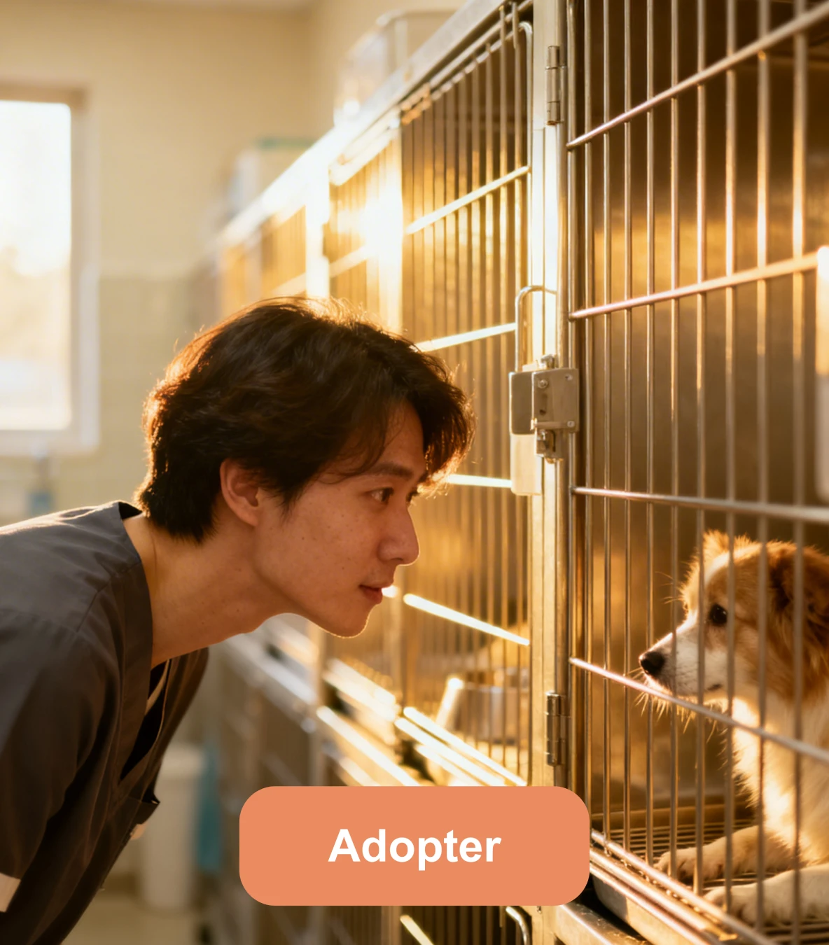 Chien dans un refuge regardant une personne venue l’adopter