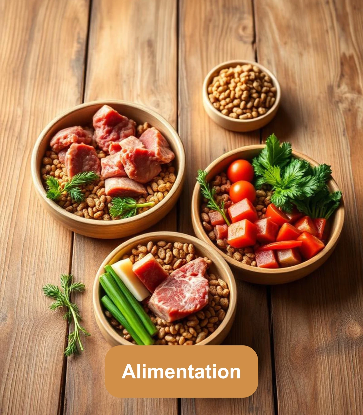 Gamelles d’alimentation pour animaux avec croquettes, viande et légumes