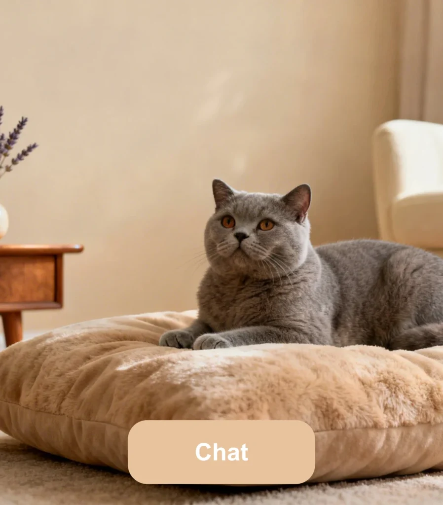 Chat gris allongé sur un coussin dans une pièce lumineuse