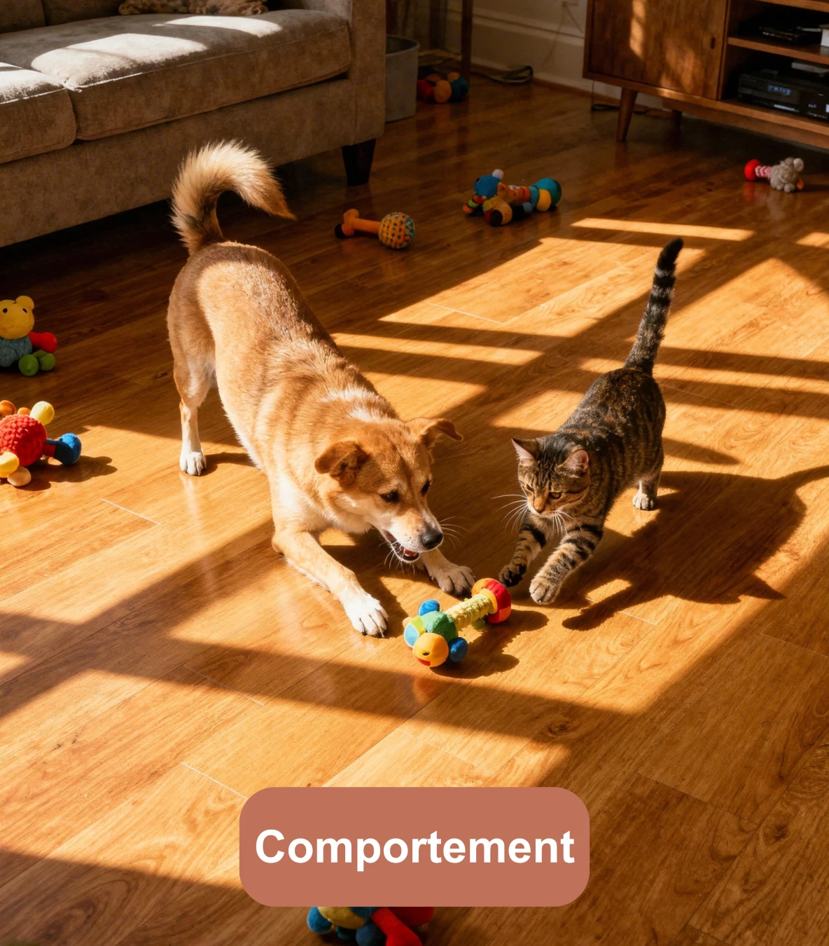 Chien et chat jouant ensemble avec des jouets à la maison