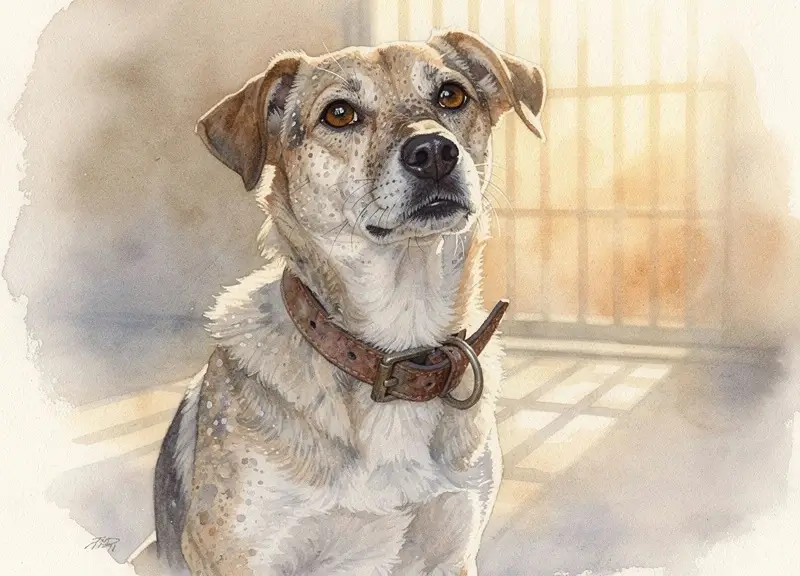 Chien de refuge au regard attendrissant assis dans la lumière dorée du matin