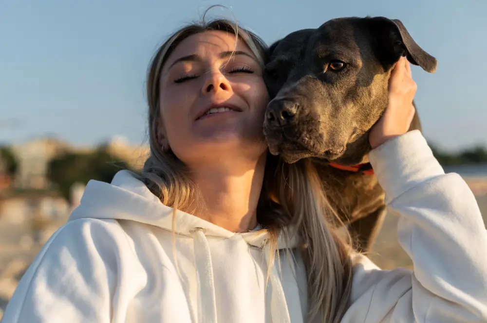 Femme enlacée avec son chien calme et proche de son humaine