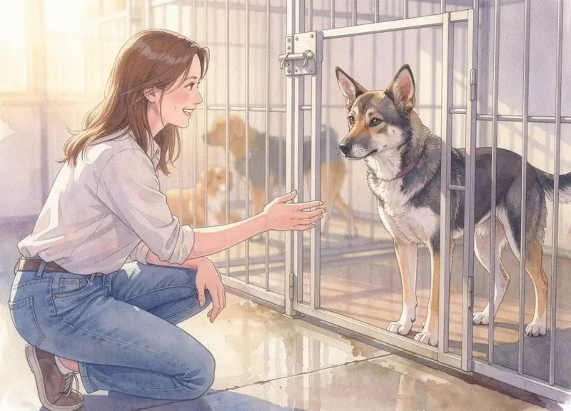 Femme souriante tendant la main vers un chien calme lors d'une visite en refuge