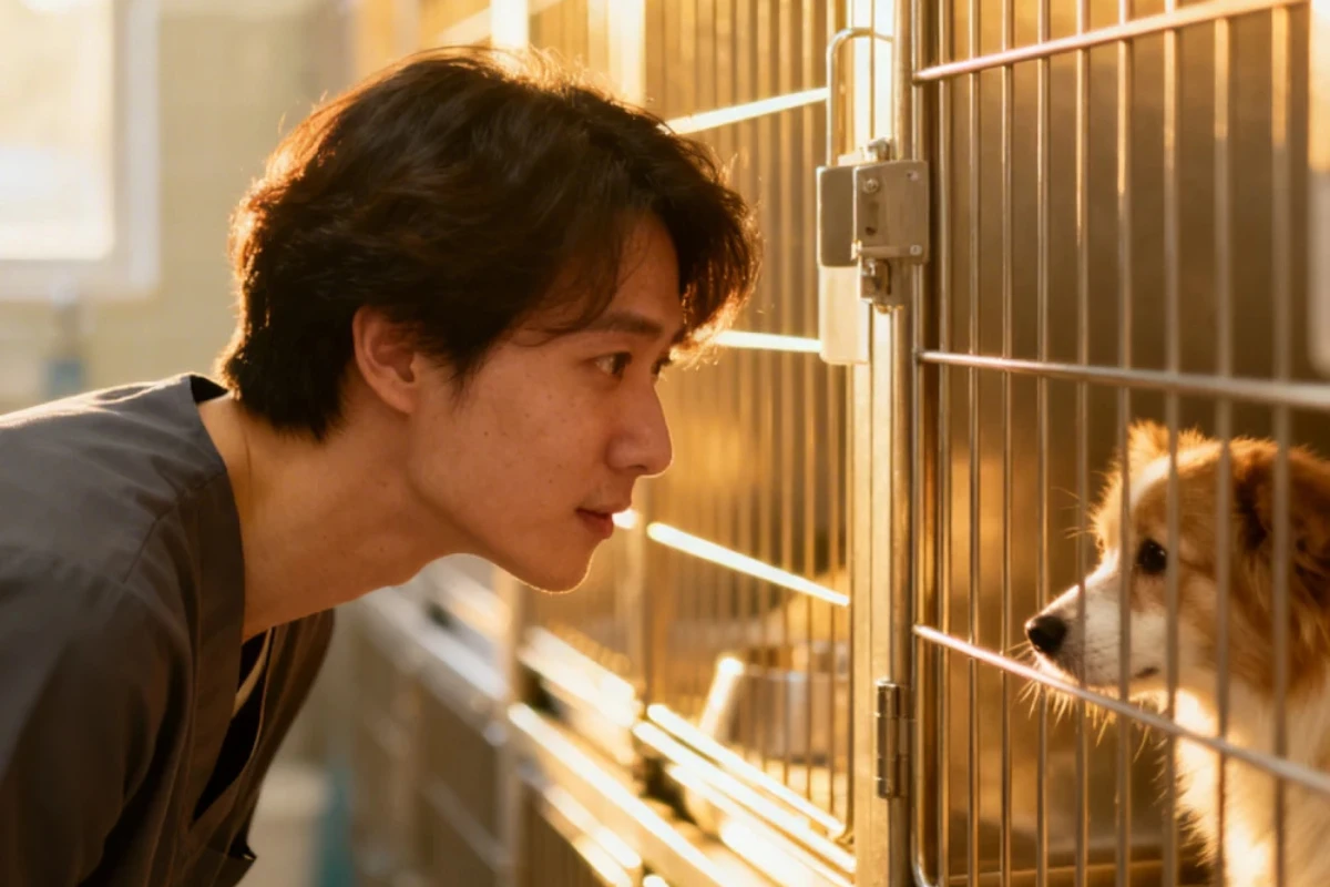 Chien dans un refuge regardant une personne venue l’adopter