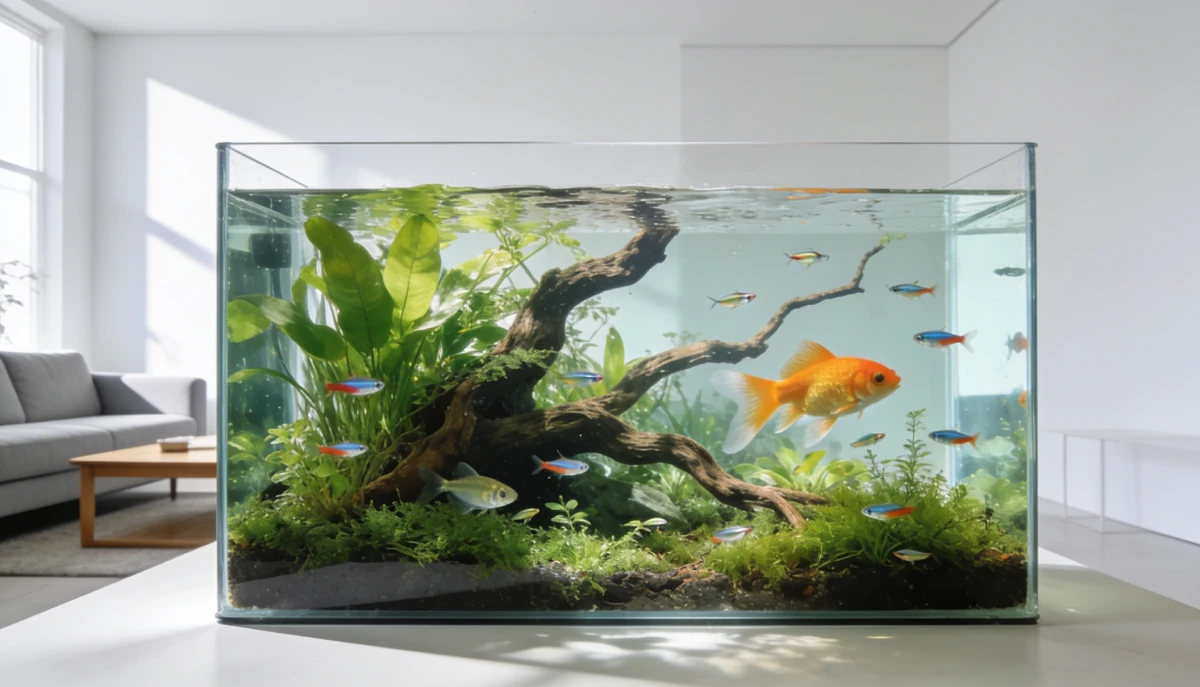 Aquarium planté avec un poisson rouge et plusieurs poissons tropicaux, illustrant l'adoption d'un poisson de compagnie.