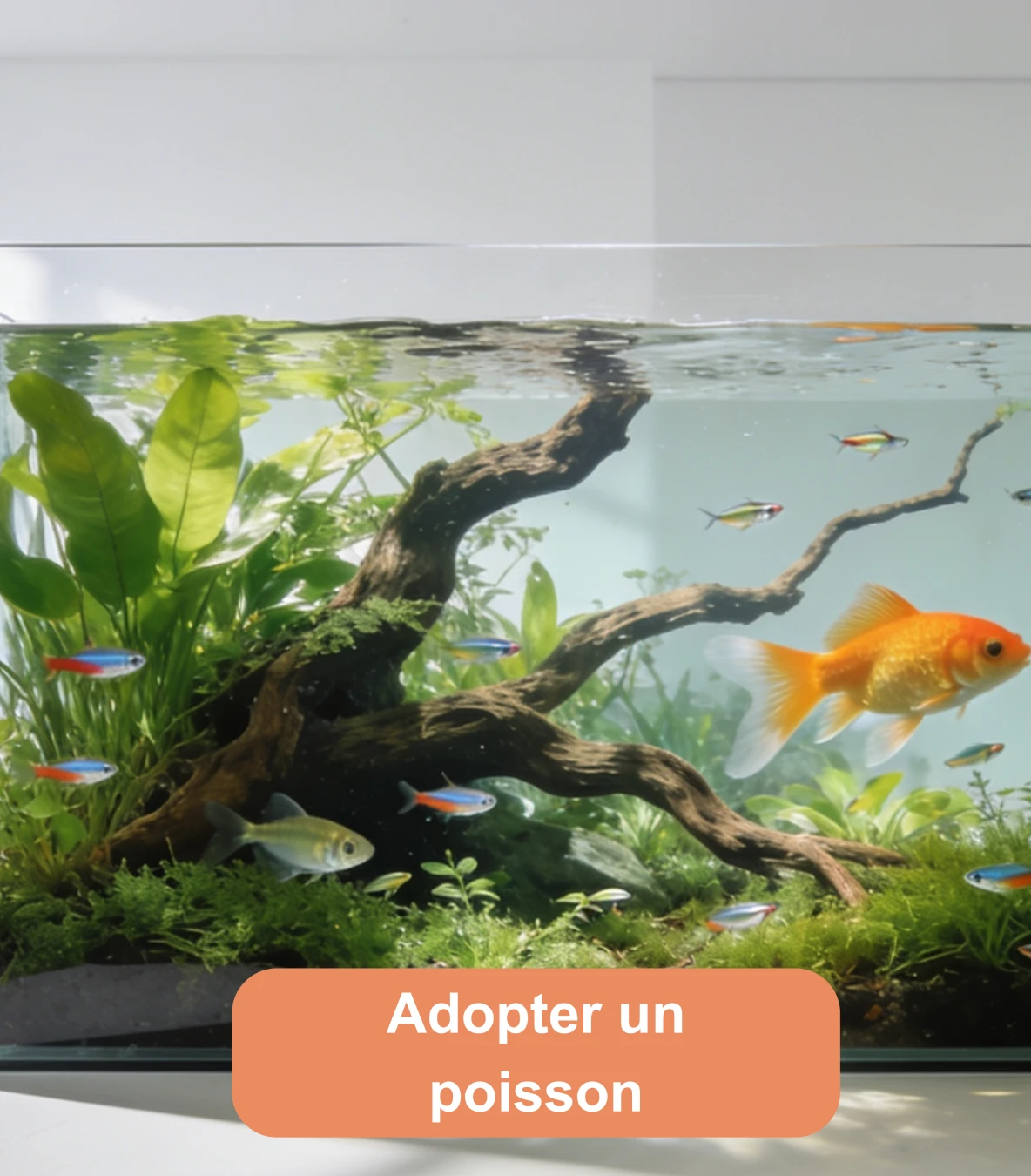 Aquarium planté avec un poisson rouge et plusieurs poissons tropicaux, illustrant l'adoption d'un poisson de compagnie.