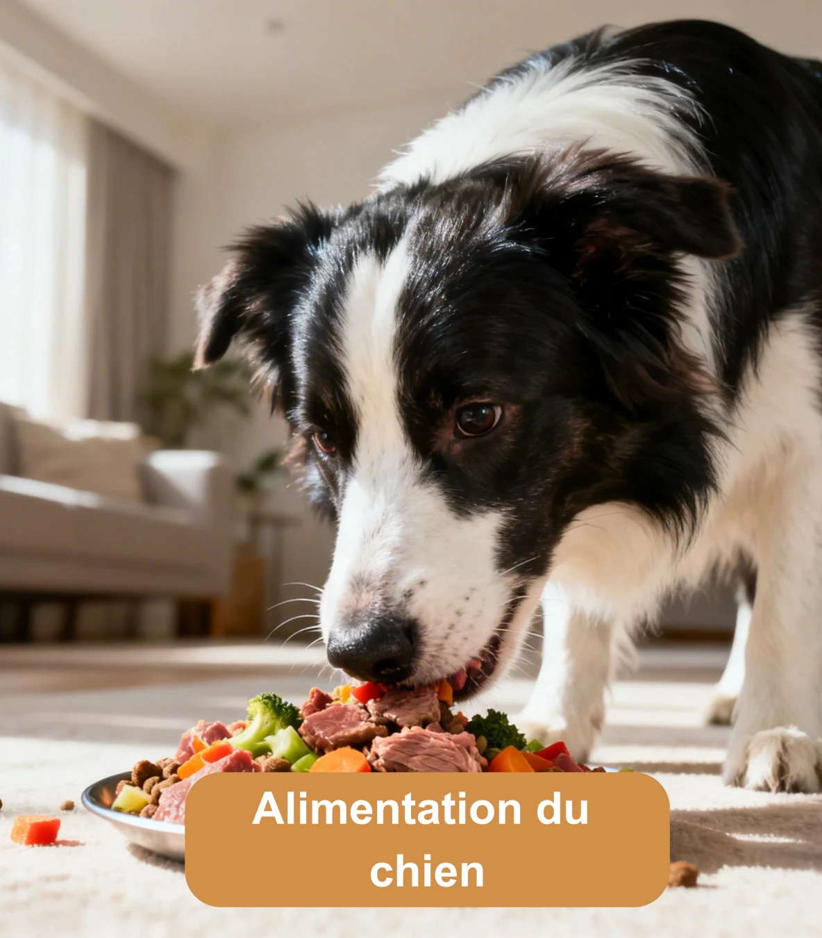 Chien noir et blanc mangeant un repas équilibré composé de viande, légumes et croquettes dans un salon lumineux.
