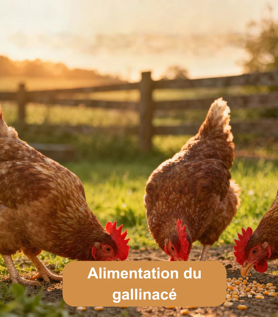 Poules picorant des graines dans un jardin au coucher du soleil