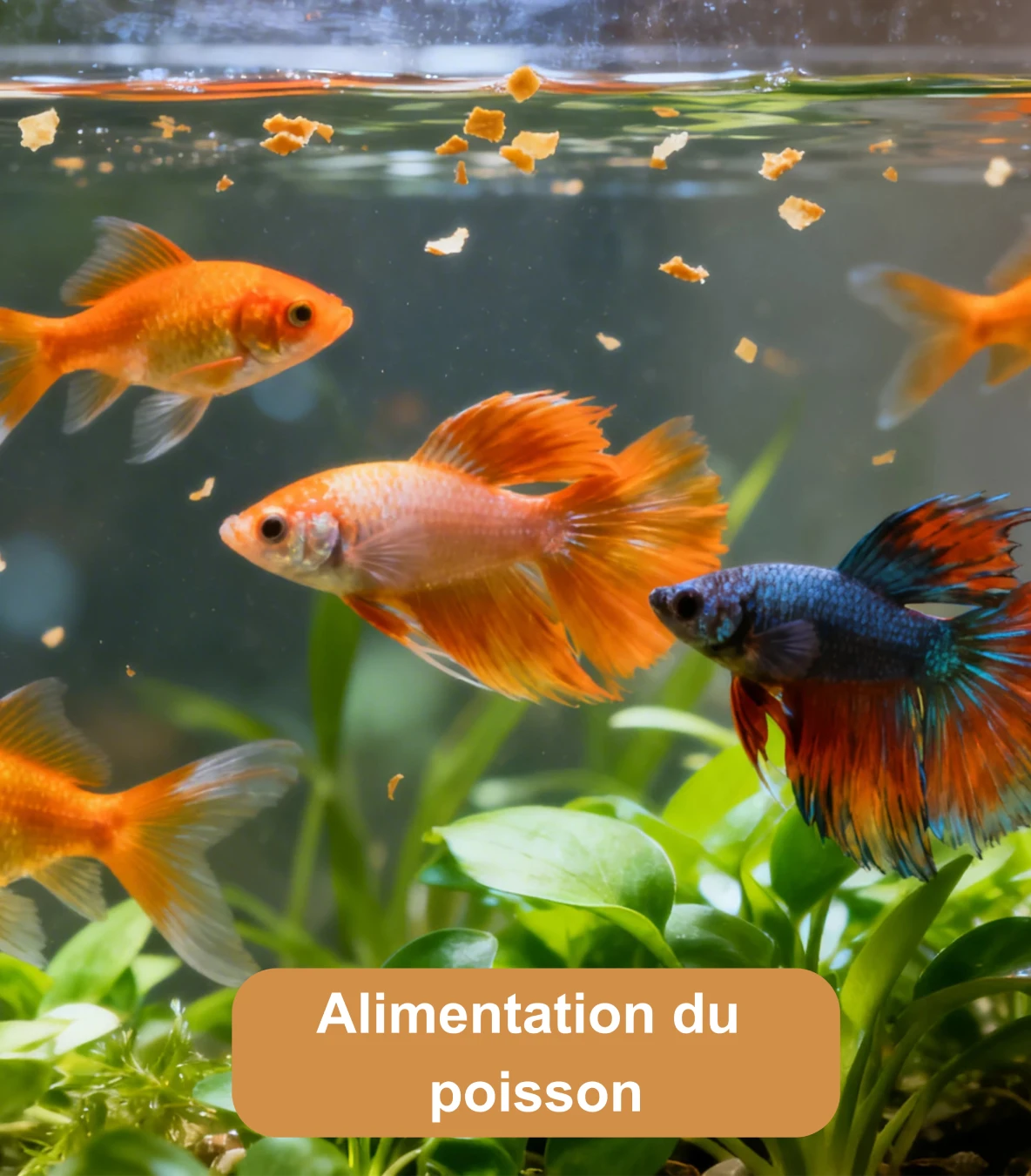 Poissons d’aquarium nageant sous des flocons de nourriture