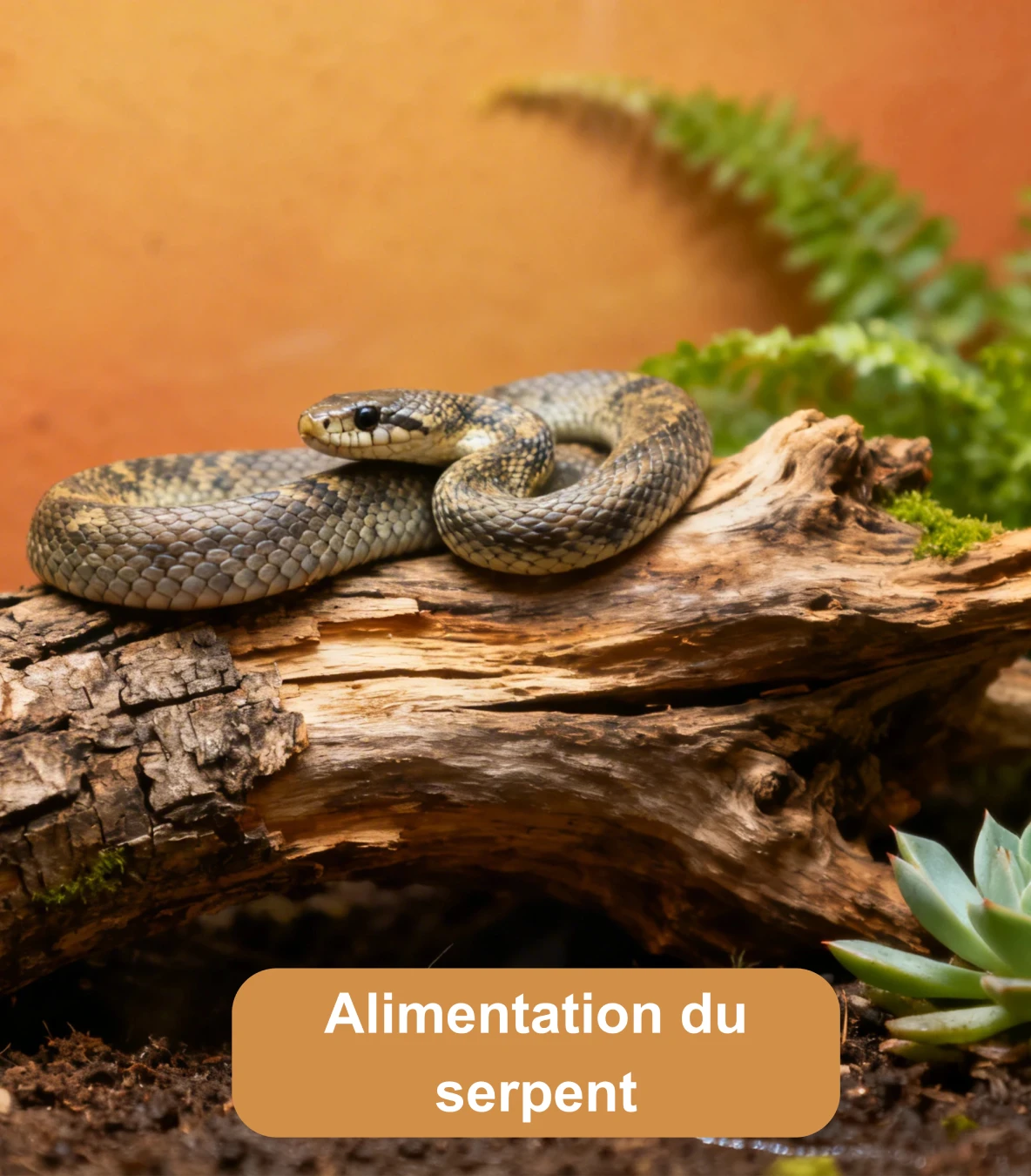 Serpent brun posé sur une branche dans un terrarium naturel