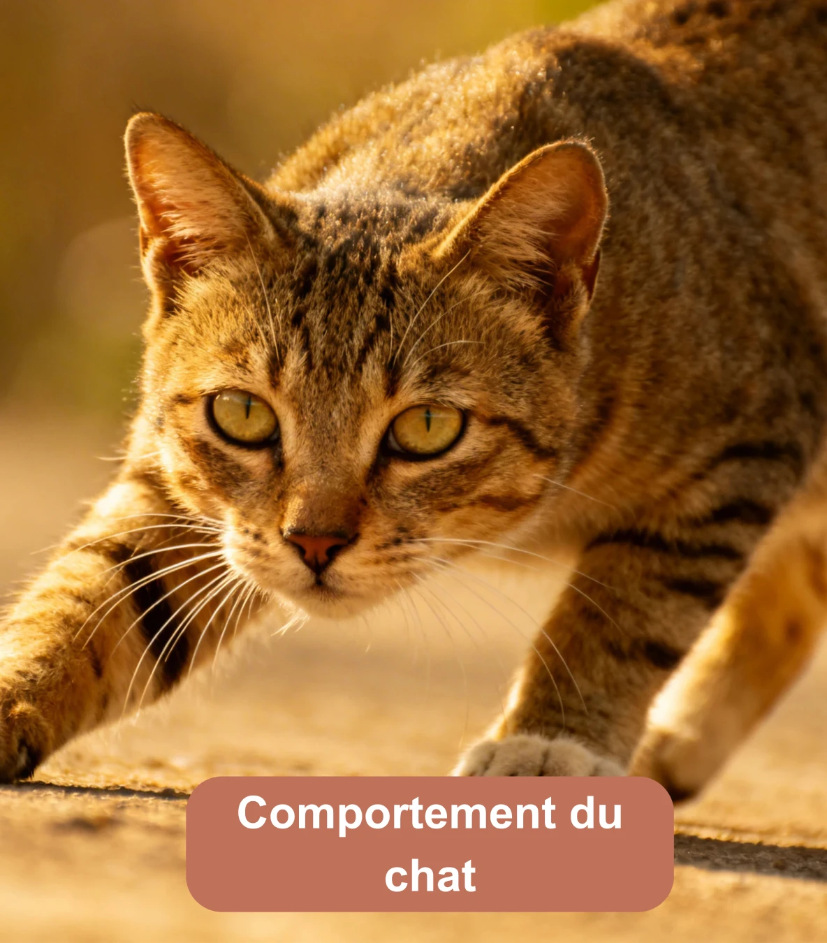 Chat tigré en position de jeu ou de chasse dans une lumière chaude
