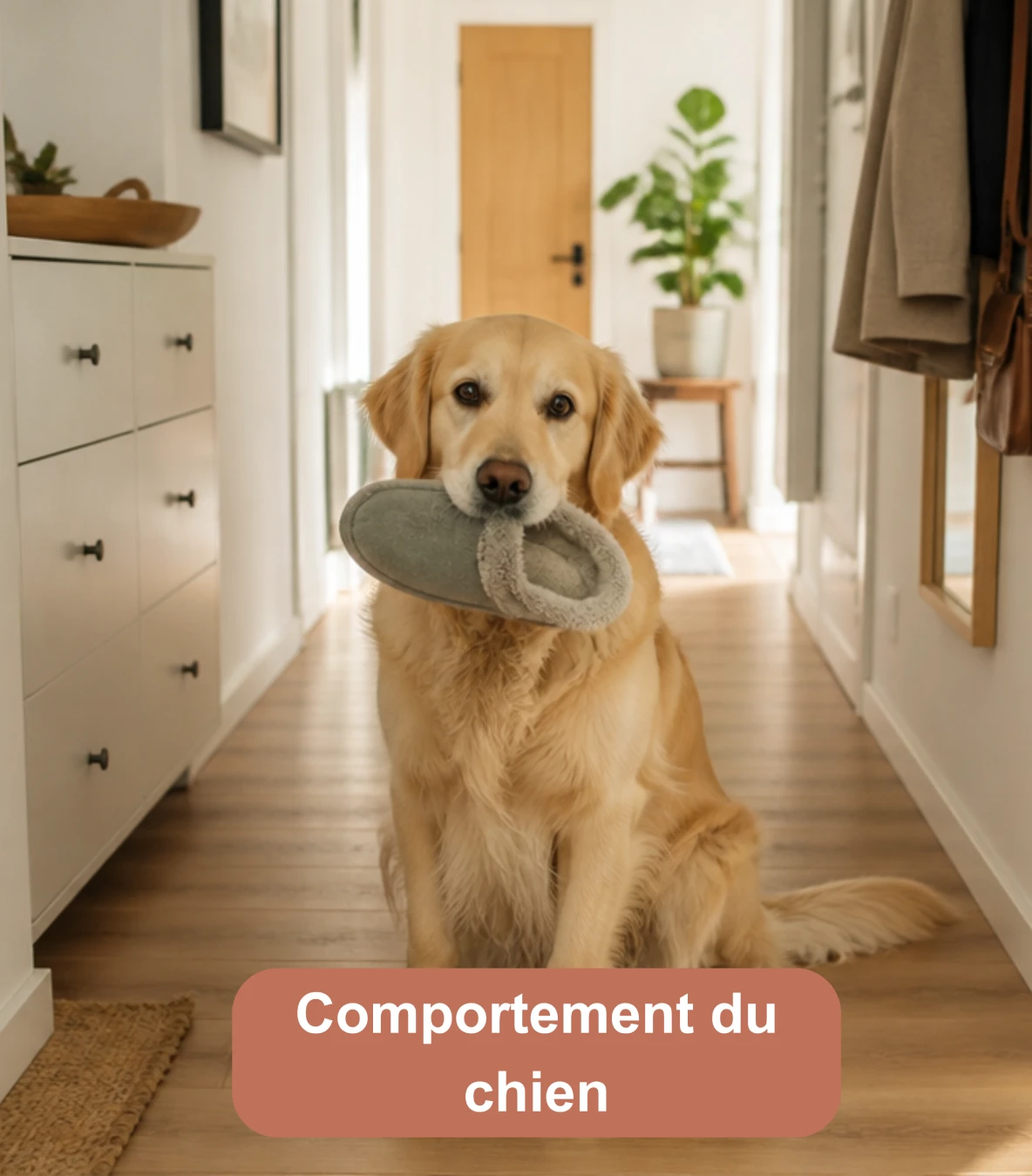 Golden Retriever tenant une chaussure dans sa gueule dans un couloir, illustrant un comportement courant chez le chien.