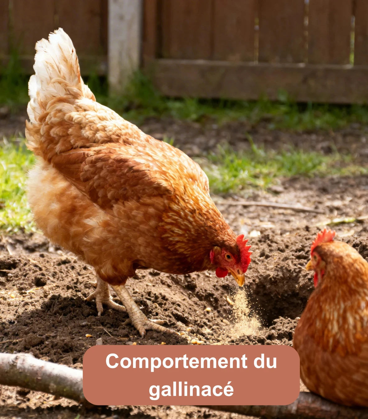 Poule grattant la terre et picorant dans un enclos extérieur