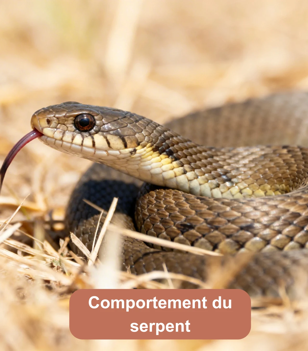 Serpent brun en gros plan tirant la langue dans un décor de paille