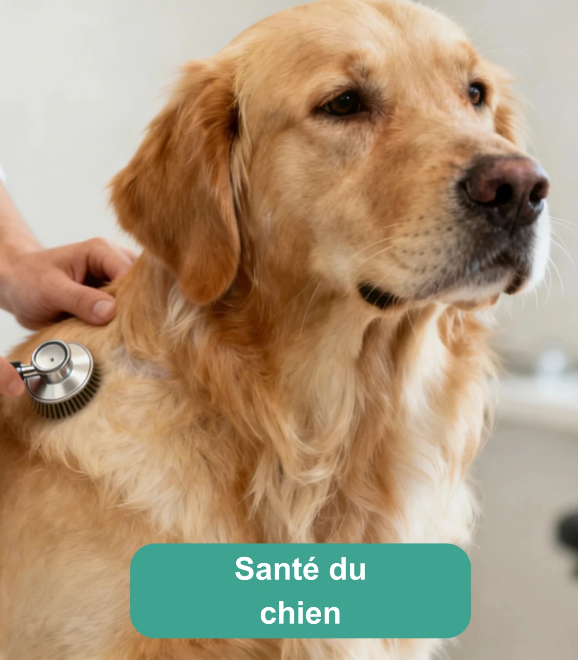 Vétérinaire examinant un Golden Retriever lors d'un contrôle de santé en clinique vétérinaire.