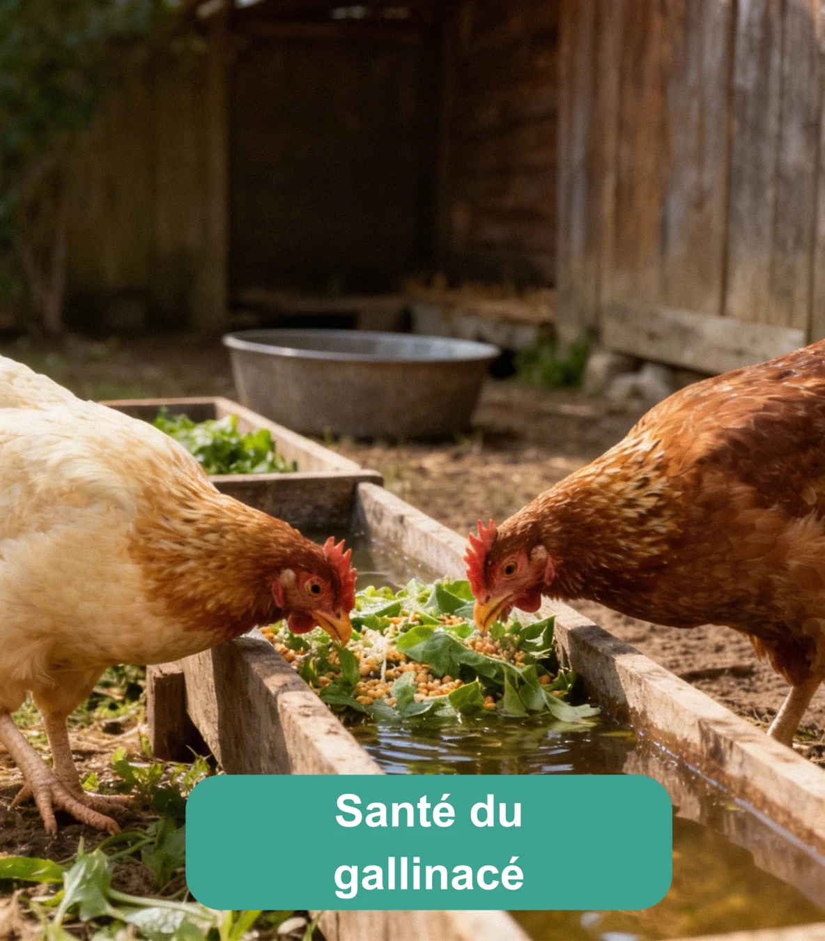 Deux poules mangeant des feuilles et des graines dans une mangeoire extérieure