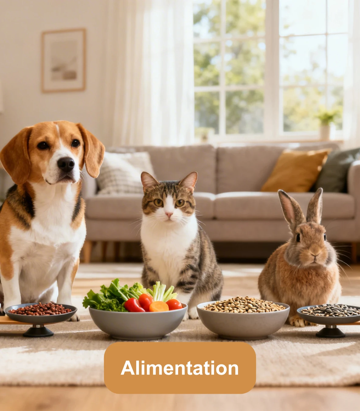 Chien, chat et lapin devant des bols de nourriture adaptée, illustrant l'alimentation des animaux de compagnie.