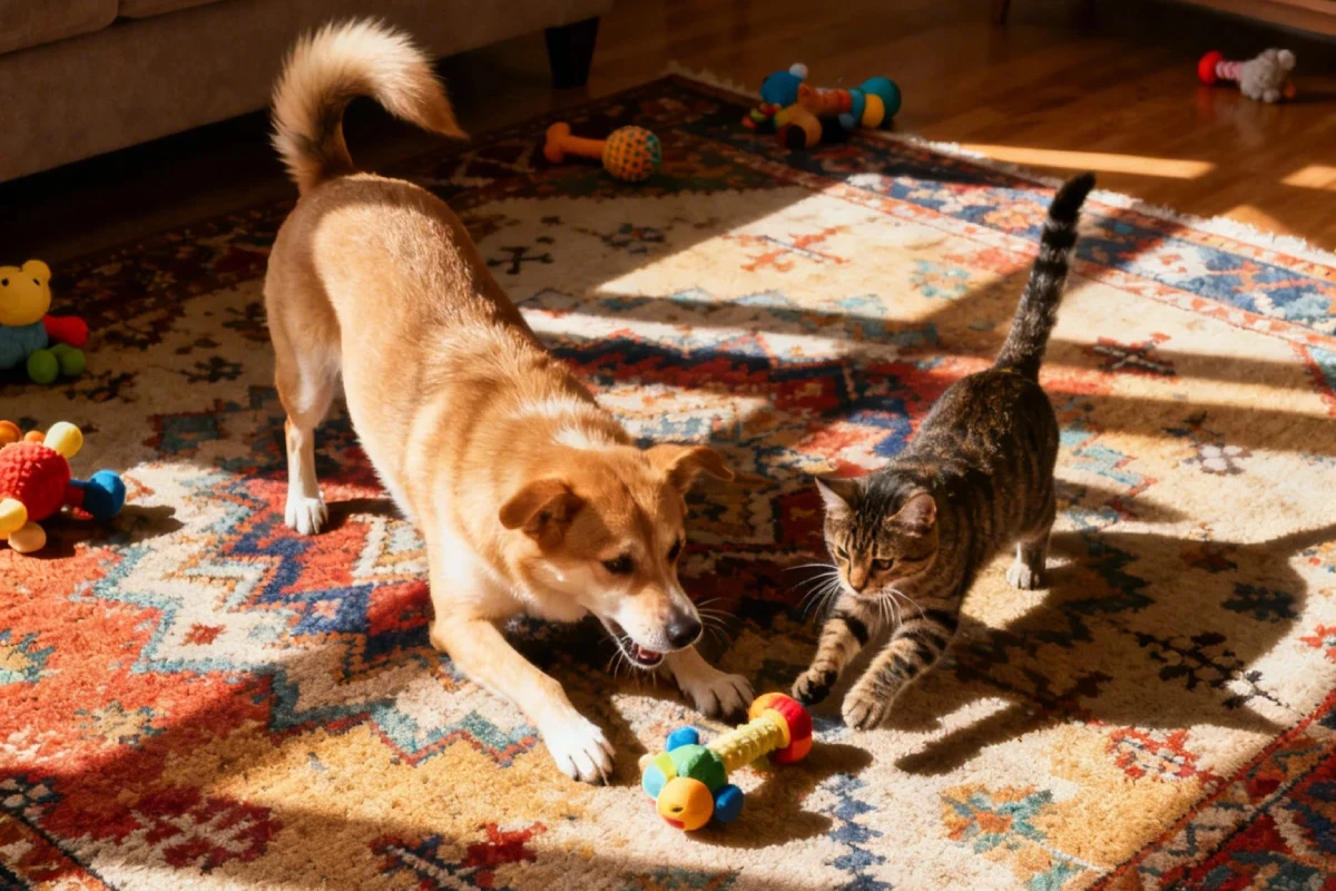 Chien et chat jouant ensemble avec des jouets à la maison