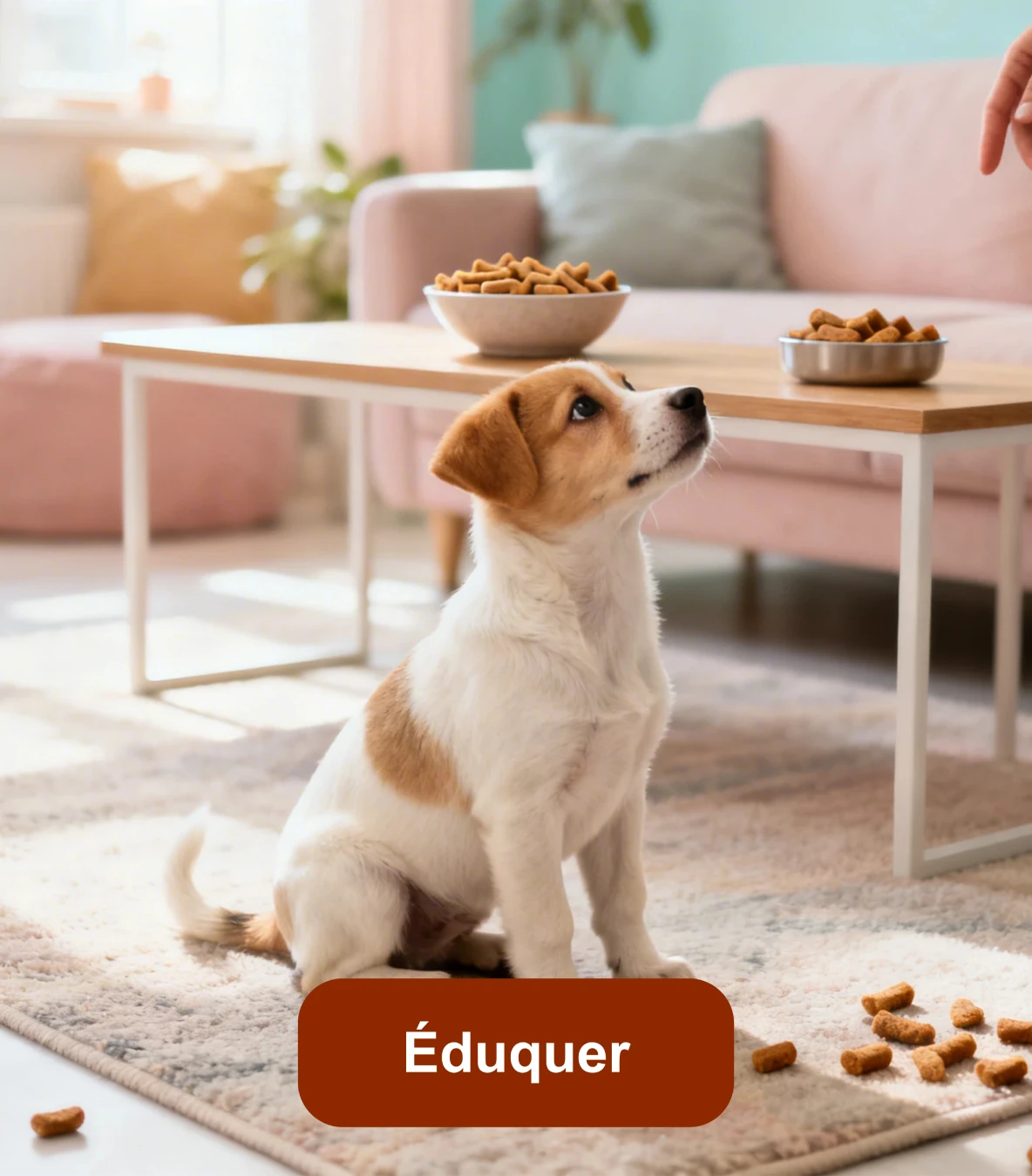 Chien assis face à une personne lors d’une séance d’éducation