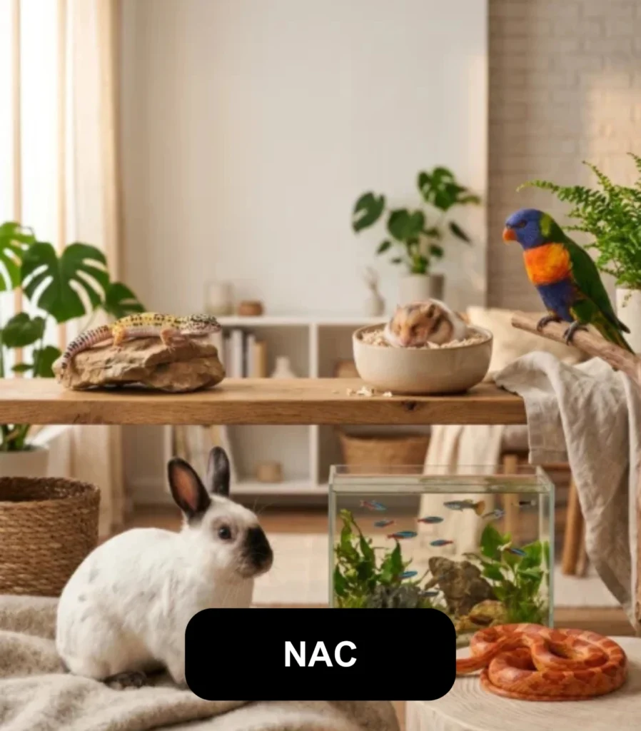 Différents nouveaux animaux de compagnie (NAC) dans un intérieur : lapin, perroquet, gecko, hamster, serpent et poissons d'aquarium.