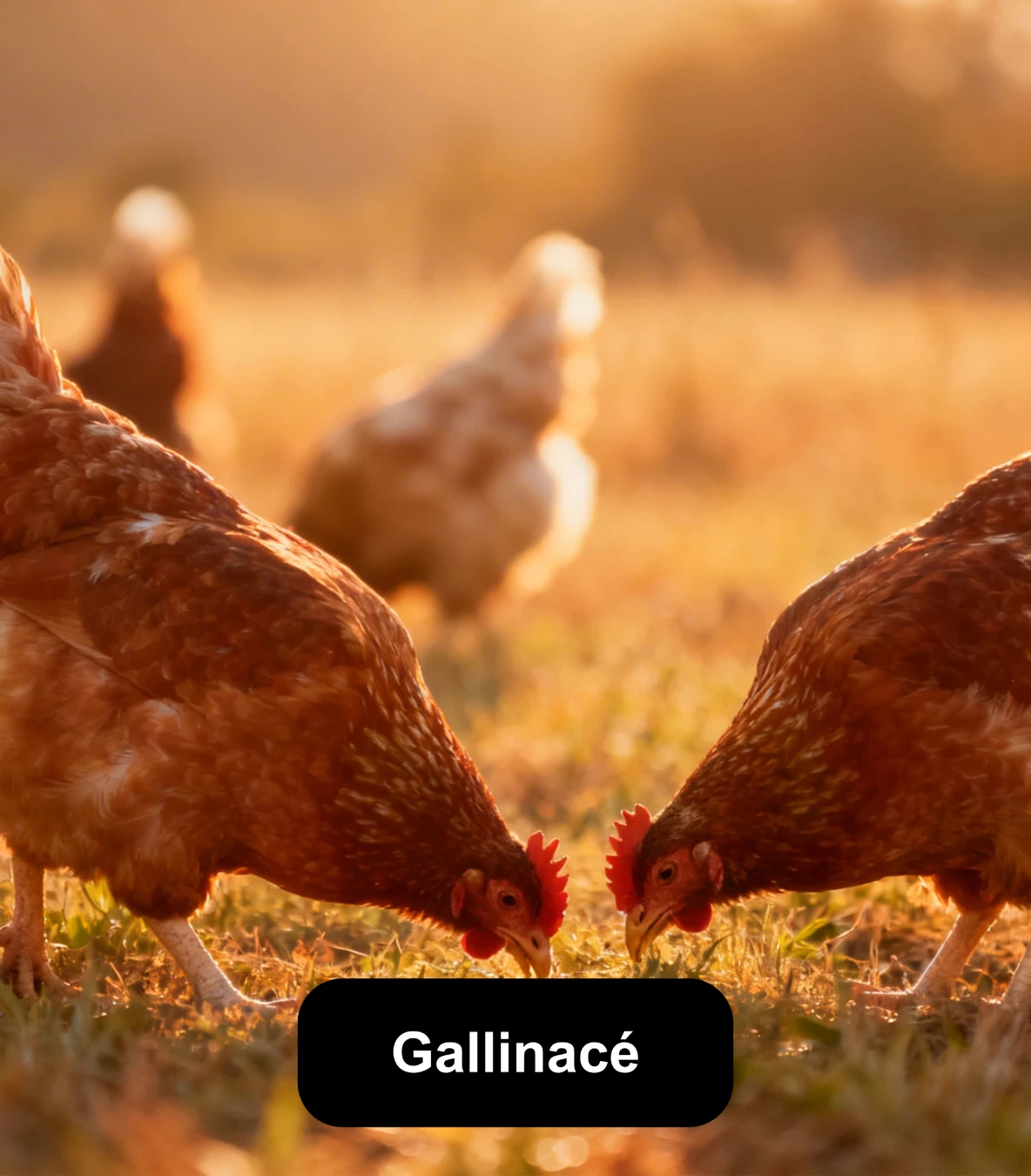 Poules picorant dans l’herbe au soleil