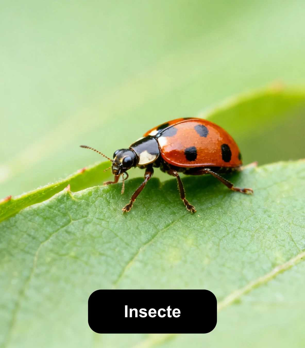 Coccinelle rouge à points noirs sur une feuille verte