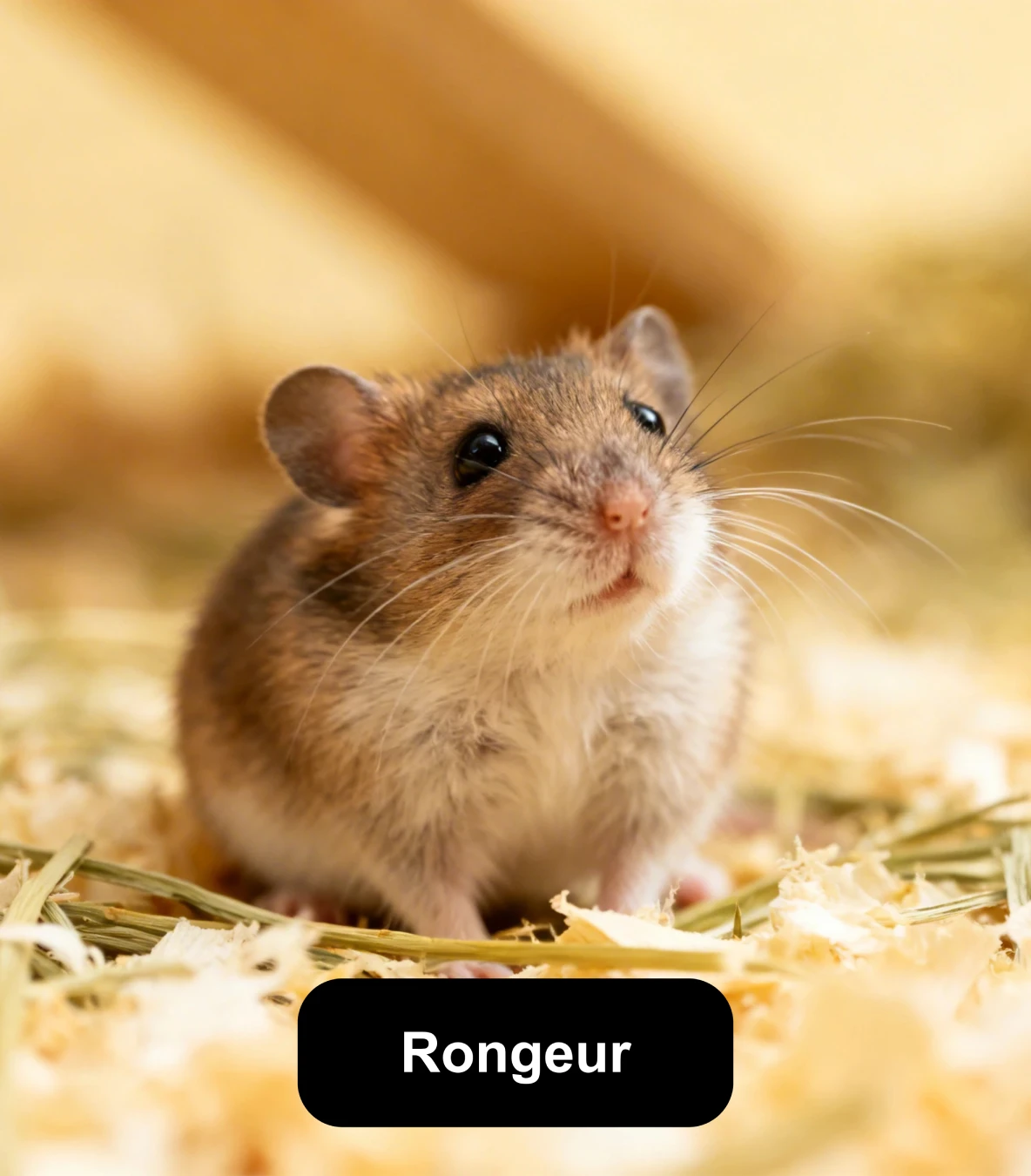 Petit rongeur posé sur de la litière et du foin