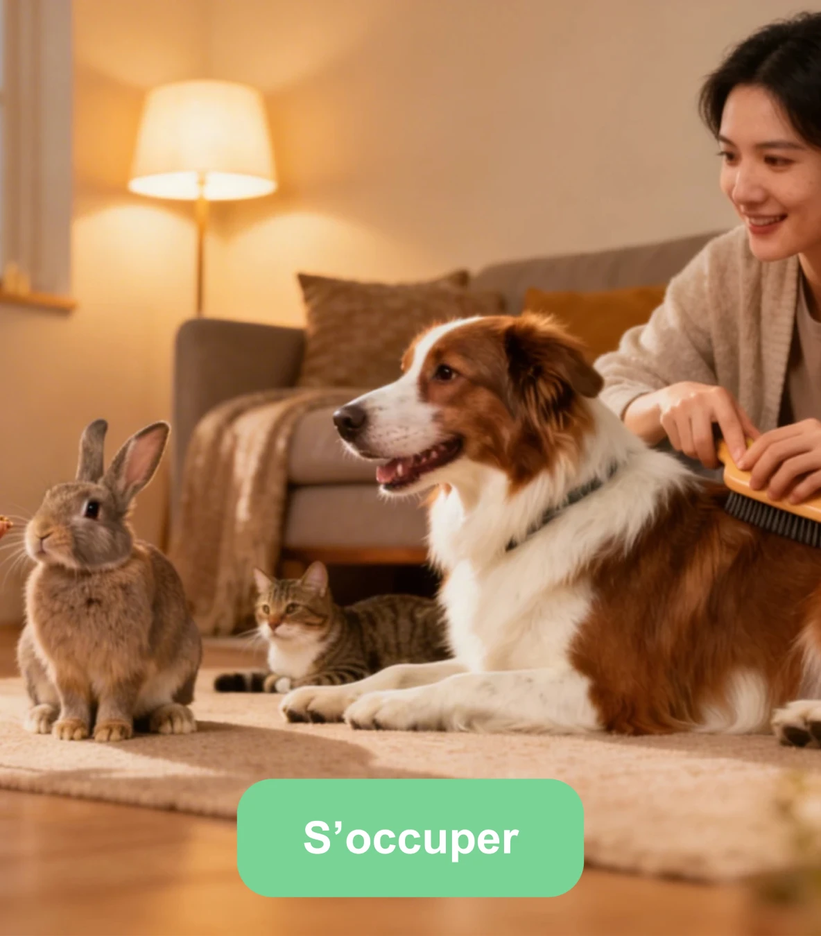 Personne s’occupant de plusieurs animaux de compagnie dont chien, chat, lapin et oiseau