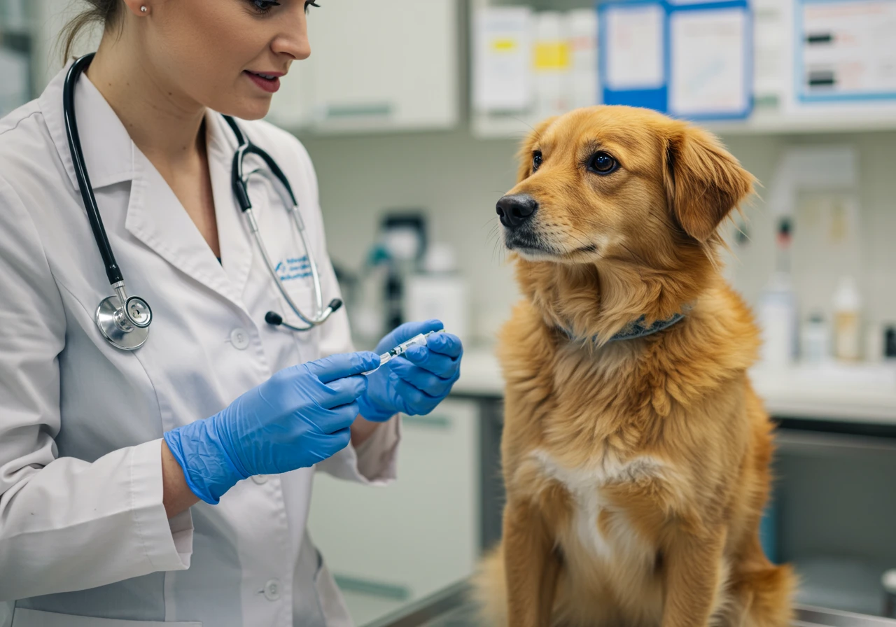 Vétérinaire préparant une injection pour un chien lors d'une consultation en clinique vétérinaire.