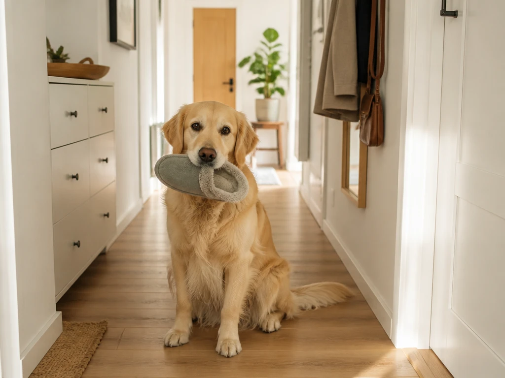 Golden Retriever tenant une chaussure dans sa gueule dans un couloir, illustrant un comportement courant chez le chien.