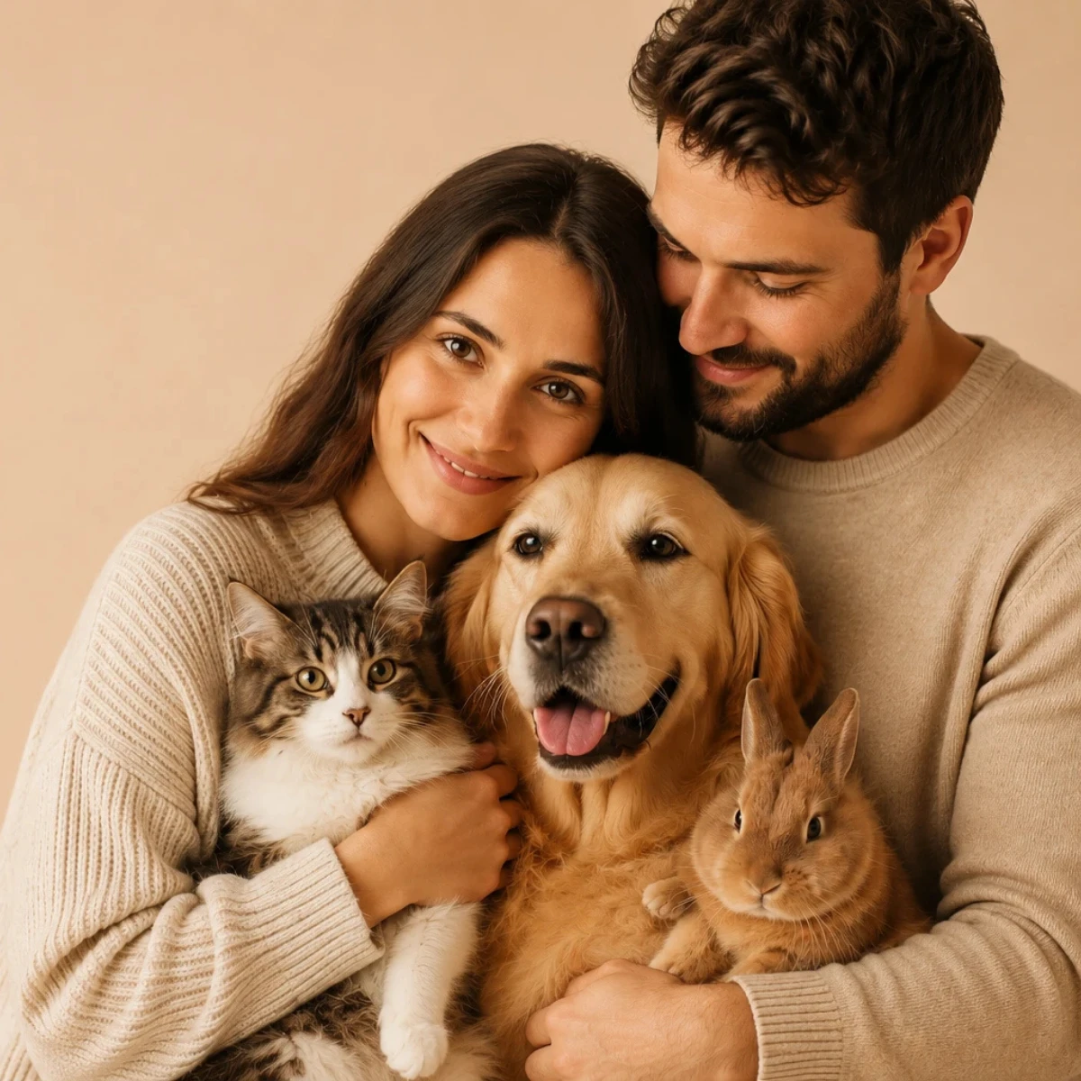 Couple souriant entouré de ses animaux de compagnie : un chien Golden Retriever, un chat et un lapin.