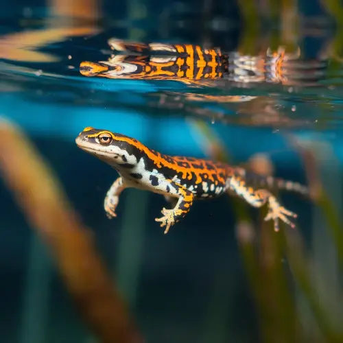 Triton au corps orange et noir nageant sous l'eau parmi des plantes aquatiques dans un environnement naturel.