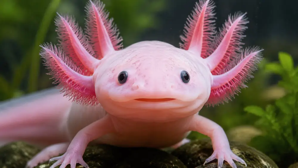Gros plan d'un axolotl rose aux branchies externes plumeuses et aux yeux noirs, posé sur des roches dans un aquarium.